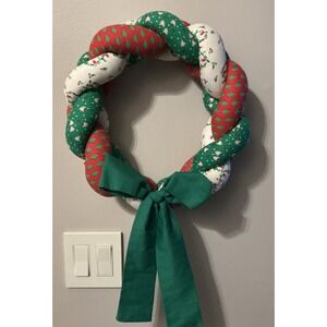 Vintage‎ Handmade Braided Christmas Wreath Festive Red Green White Fabric, Bow